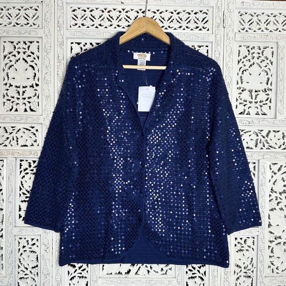 Talbots NWT Navy Blue Handknit Sequin Collared Button Up Cardigan Sz XL - Picture 1 of 8
